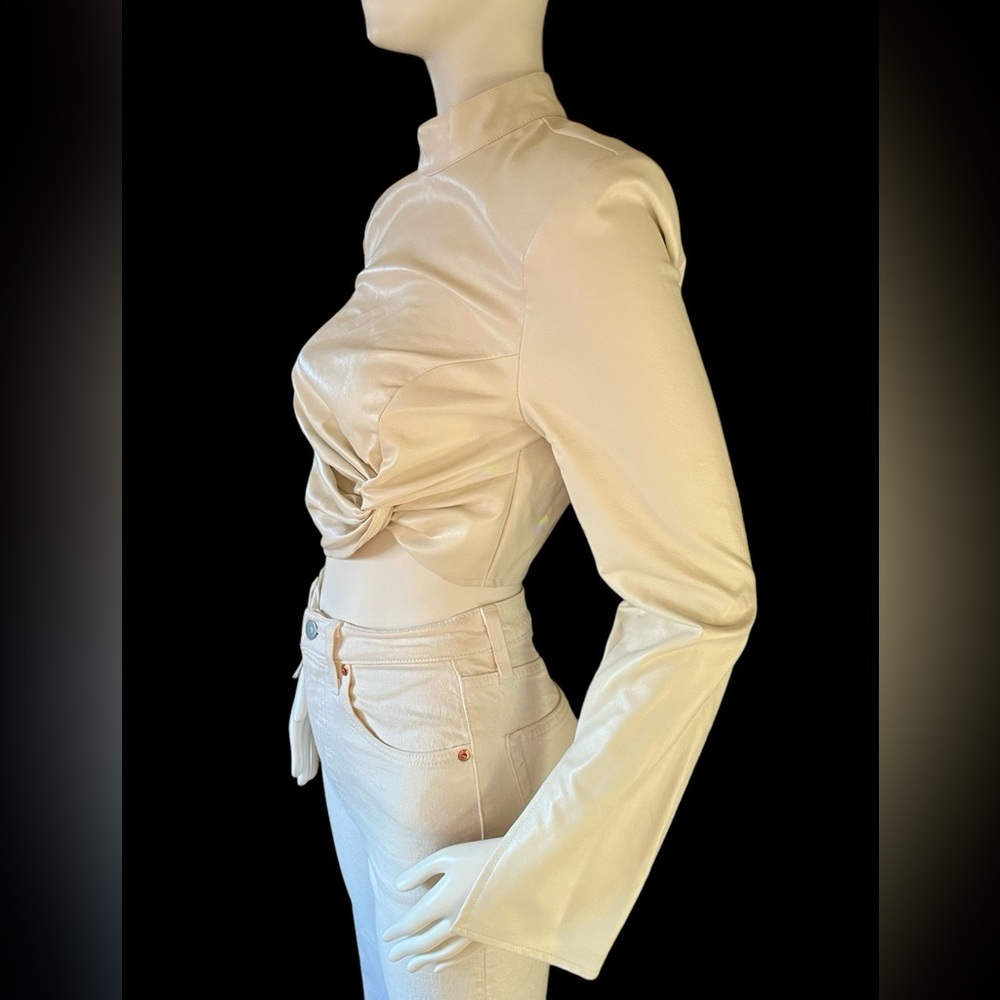 NWT Pleather cream knotted mock neck long flared sleeve crop shirt